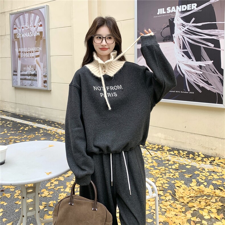 灰色复古针织立领拼接卫衣套装女2026冬韩系休闲运动阔腿裤两件套,女装套装/套裙,2C159