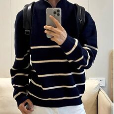 【有货】DZ27-P50加厚半拉链条纹毛衣男士秋冬慵懒宽松针织衫男，男装针织衫/毛衣，星座603-2