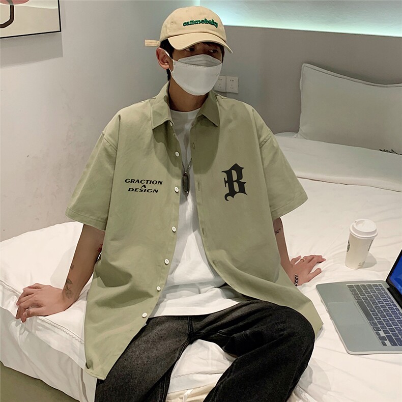 港风夏季韩版宽松翻领短袖字母印花衬衫男多色S6201P35控48,男装T恤,电商A268A