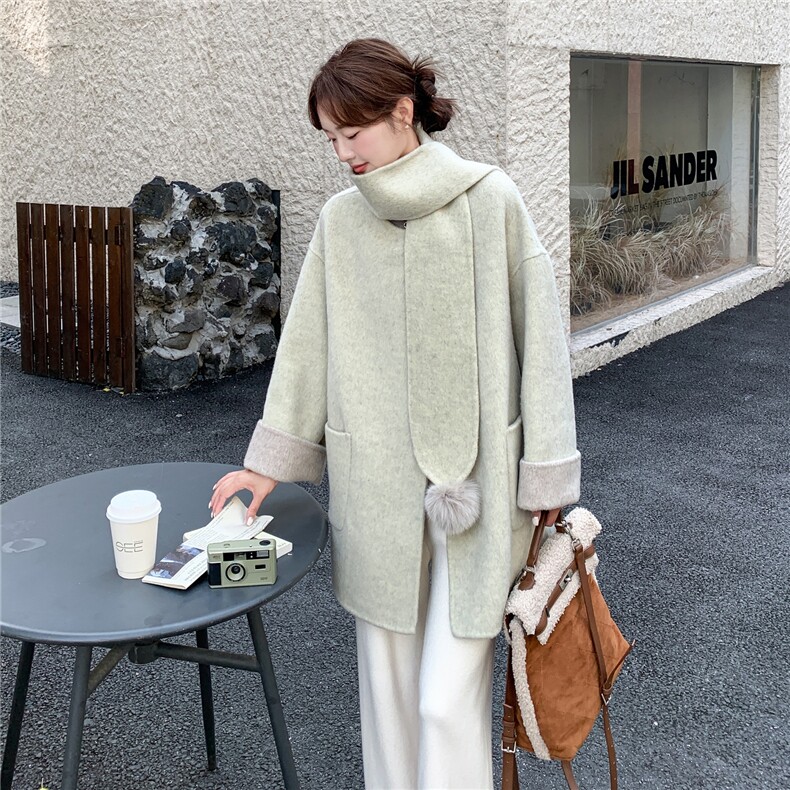 灰绿色围巾款淡人穿搭双面呢羊毛大衣女2025冬季新款时尚毛呢外套,女装毛呢外套,2C081