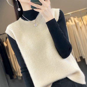 时尚百搭黑色无袖针织马甲女秋冬季新款宽松显瘦毛衣背心外套图片