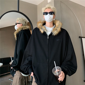 美式复古毛领情侣连帽拉链开衫卫衣秋冬男潮高级感外套 D367 P88图片