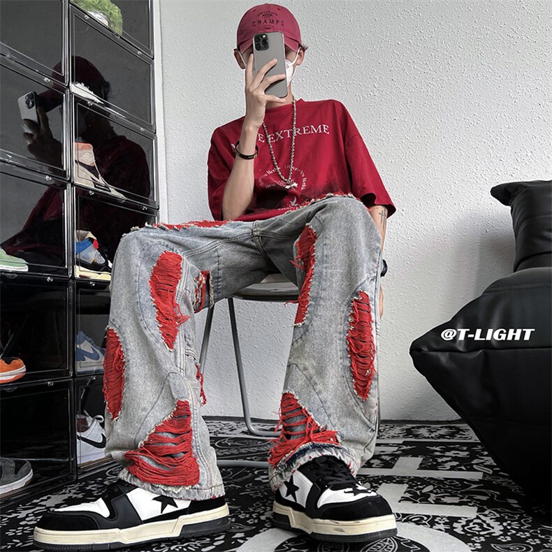 B221美式ins高街小众重工艺水洗破洞牛仔裤LK22039-P65控88,男装牛仔裤,电商B221