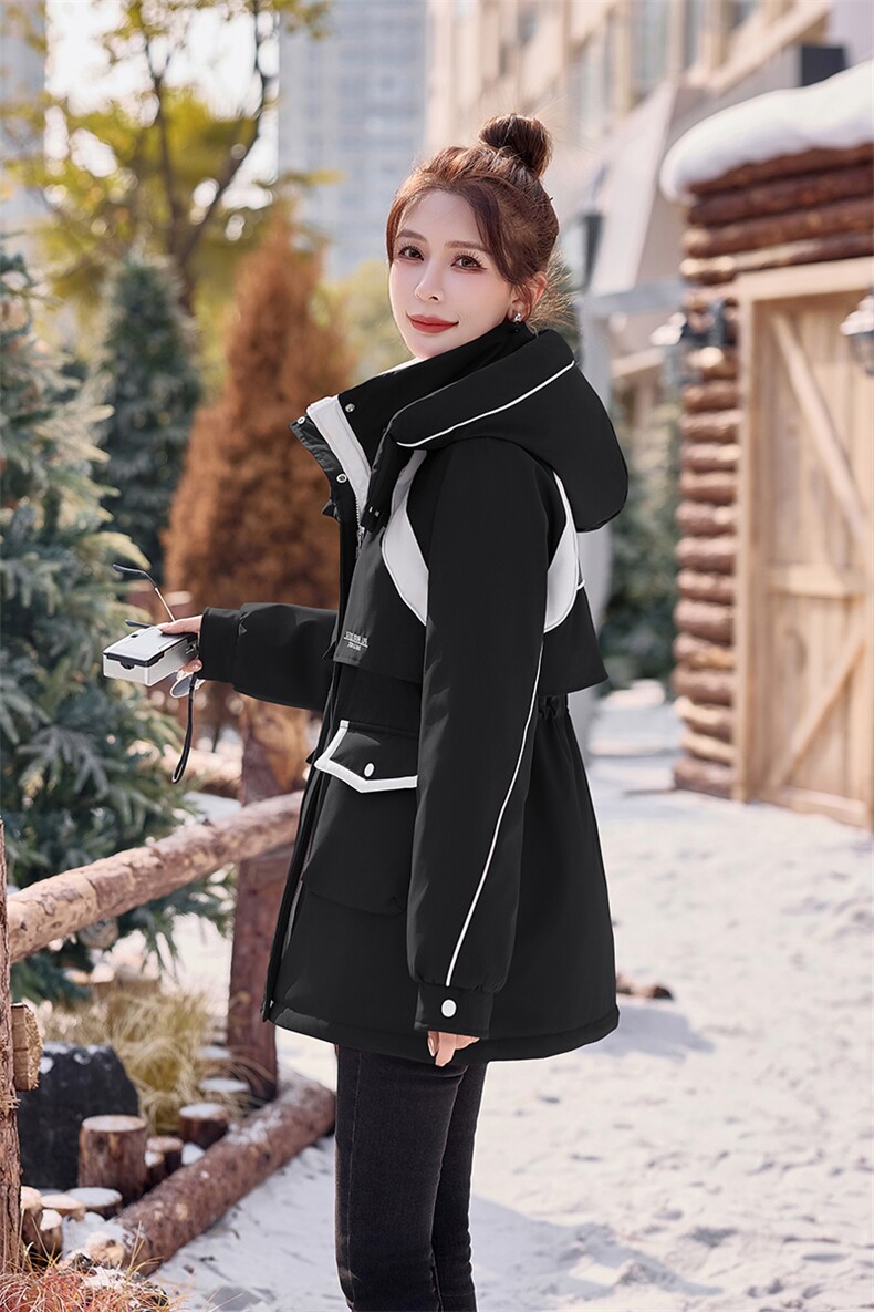 撞色羽绒服女中长款2025年新款连帽派克服外套韩版户外保暖羽绒女,女装羽绒服,意芙