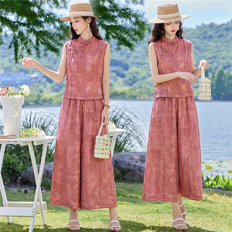 现货2026夏季新中式老钱风提花新款套装两件套,女装套装/套裙,伊仟回