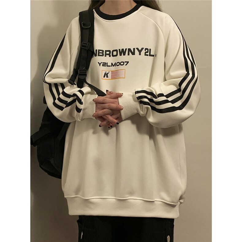 中性风三杠条纹圆领卫衣字母印花设计休闲卫衣男WY77765P48控68,男装卫衣,星座226-2