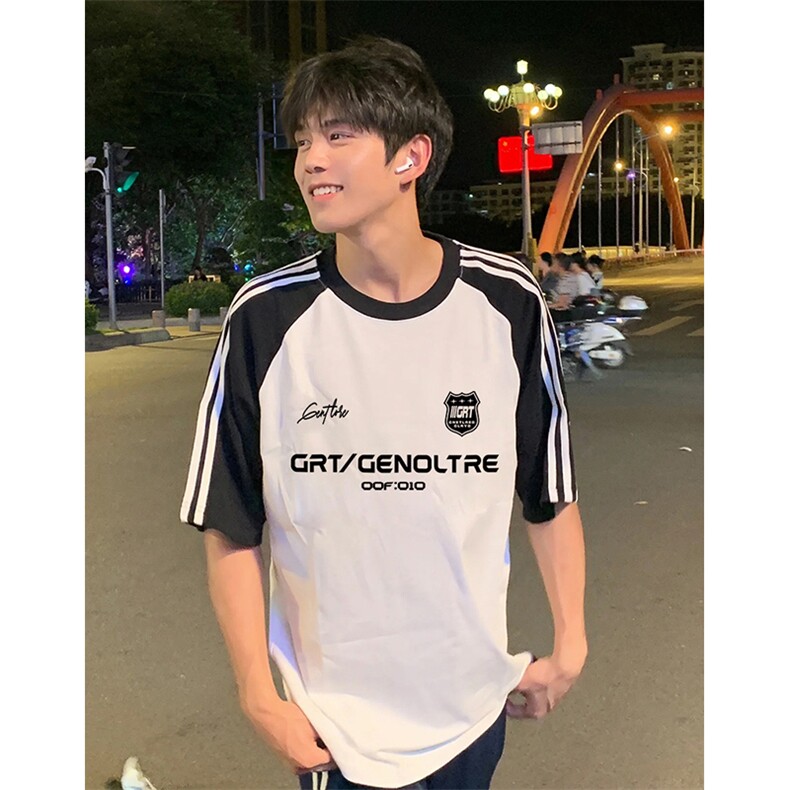 抖音得物品质二开240克宽松纯棉美式潮牌插肩三杠织带短袖T恤，男装T恤，电商A486