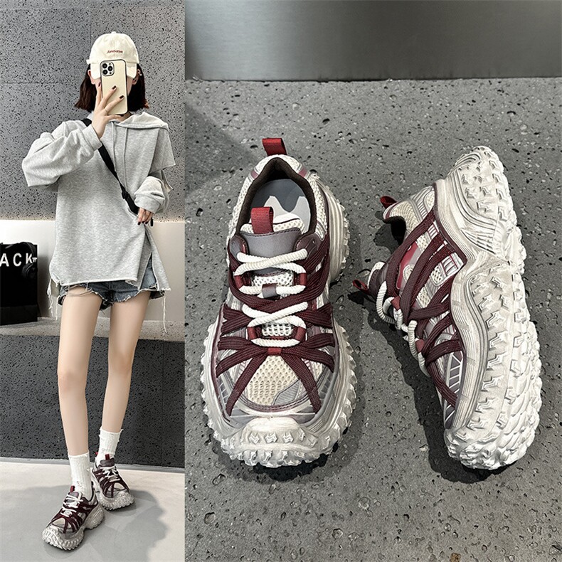 巴黎复古擦色做旧红老爹鞋女2024秋厚底增高系带运动脏脏鞋女,女鞋休闲鞋,电商A223