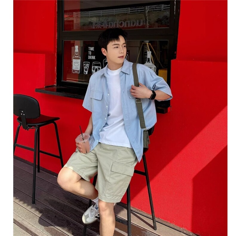 纯色衬衫短袖夏季宽松日系风格衬衣外套日系新款潮流CA223-P42,男装T恤,星座208-5