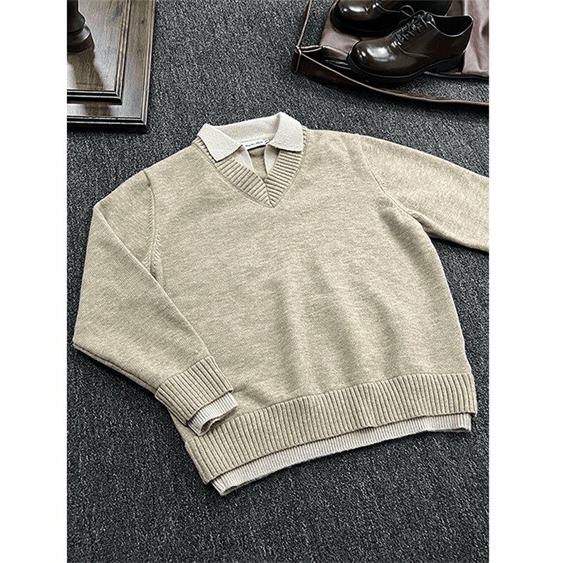 重磅北极绒假两件衬衫领毛衣美式高街复古休闲慵懒纯色翻领针织衫，男装针织衫/毛衣，电商A486