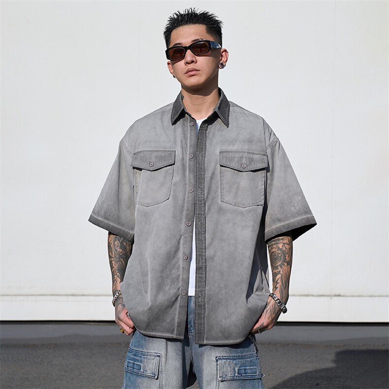 美式工装衬衫短袖夏季宽松纯棉脏染衬衣男A436-0629-P5578,男装衬衫,电商A436