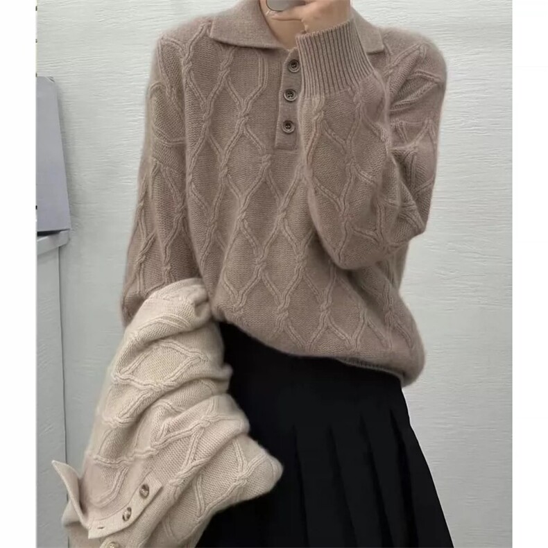 翻领羊毛衫女设计感麻花打底秋冬季显瘦时尚毛衣,女装羊毛衫,思途羊绒