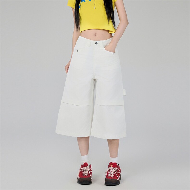 白色七分阔腿牛仔短裤女夏2025新款高腰宽松百搭美式高街直筒裤子，男装牛仔裤，星座506A