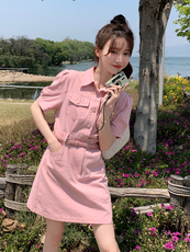 时尚粉色短款工装连衣裙收腰显瘦小个子甜美减龄气质洋气短裙女夏，女装连衣裙，浙宝192（原082）