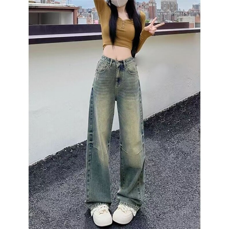 复古水洗做旧阔腿牛仔裤女秋冬季高腰宽松显瘦垂感休闲拖地直筒裤,男装牛仔裤,星座1210-1