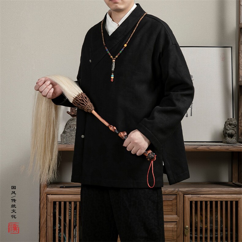 新款风男装加绒加厚棉麻提花改良斜襟汉服男士道袍X15P90,男装民族服装,钱塘802