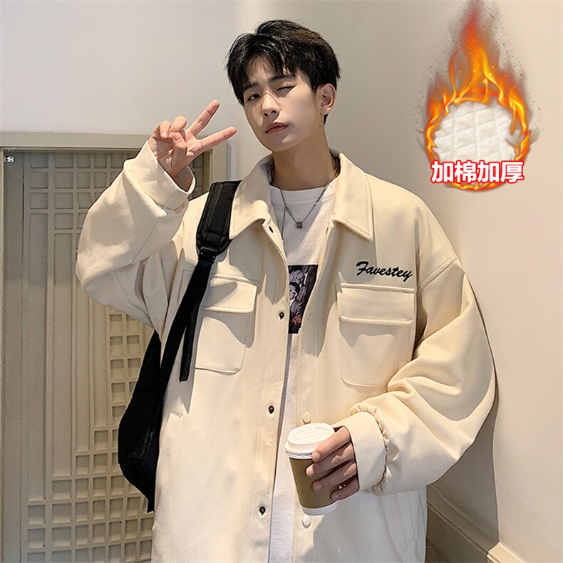 麂皮绒多口袋棉服宽松翻领加棉夹克男大码小众外套J611J加棉-P85,男装棉衣,电商A001-1