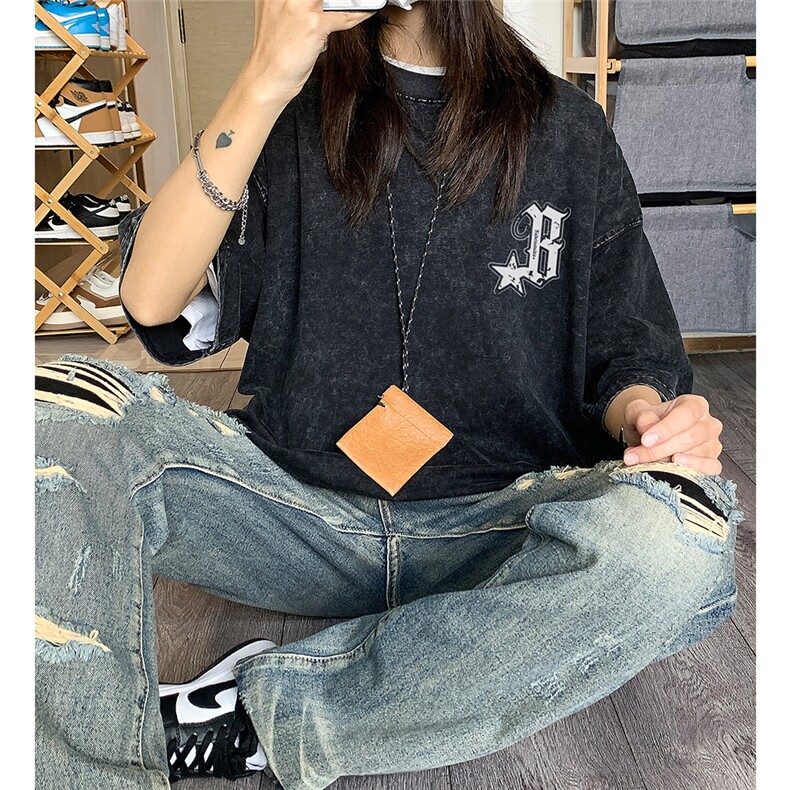 EQ205*水洗美式复古短袖男女学院风做旧T恤潮流印花体恤2024新款,男装T恤,电商C306-1