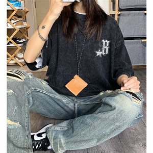 EQ205*水洗美式复古短袖男女学院风做旧T恤潮流印花体恤2024新款图片