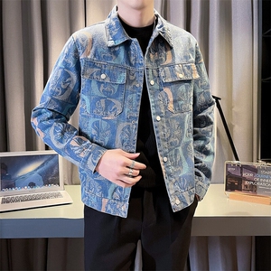 2025春季新款水洗男士牛仔夹克 痞帅小伙个性提花印花图案外套图片