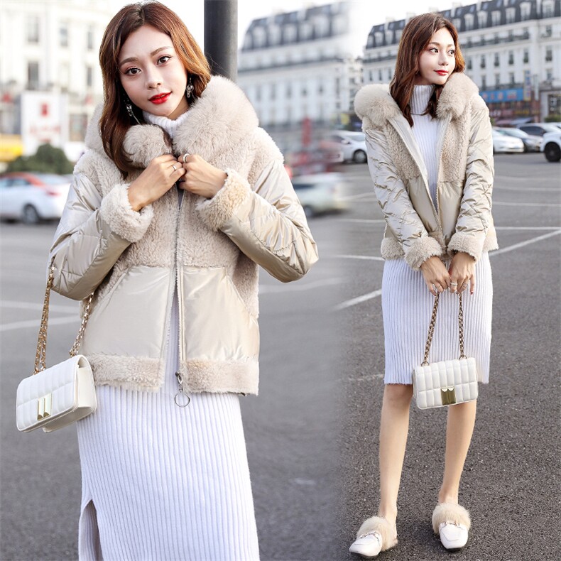 皮毛拼接含毛领颗粒绒2021新款冬季拼接纯色中长款毛呢外套潮，女装棉衣/棉服，悠米