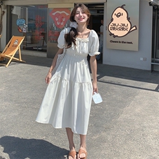 时尚甜美白色连衣裙女夏季新款泡泡袖收腰显瘦气质长裙可退换，女装连衣裙，灵力轩