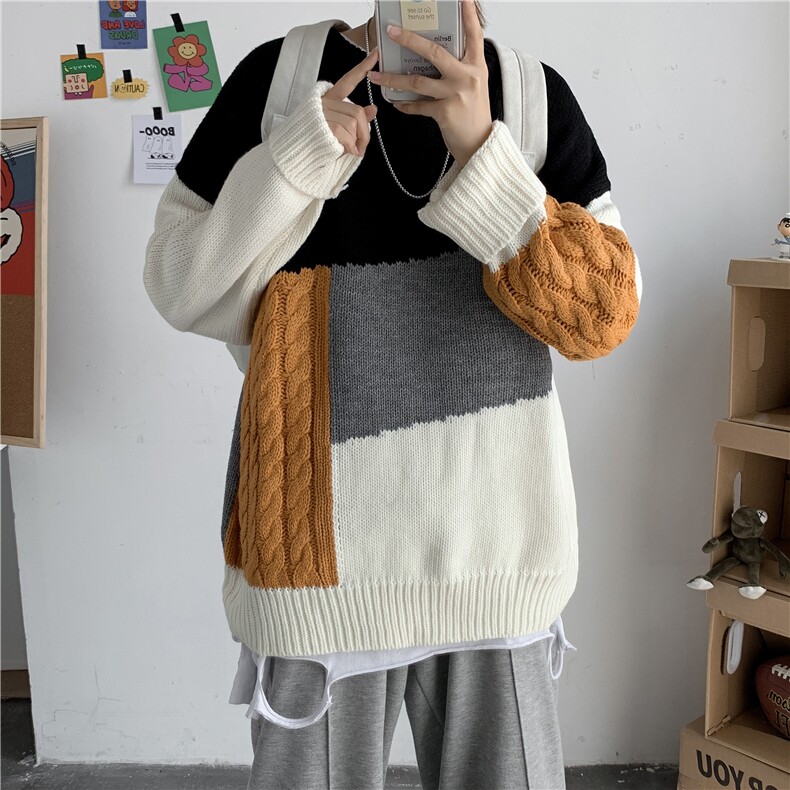 秋冬韩版慵懒风拼接情侣毛衣宽松潮流套头ins个性针织衫T812-P75,男装针织衫/毛衣,星座1501