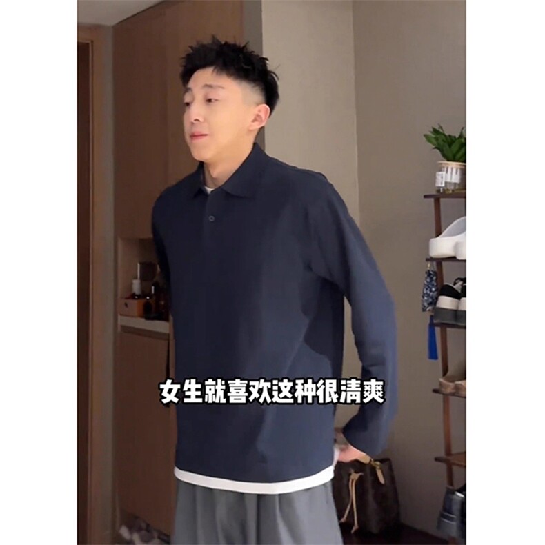 抖音得物高品质二开230克精梳珠地光版纯色宽松长袖T恤翻领POLO衫,男装T恤,电商A486-1