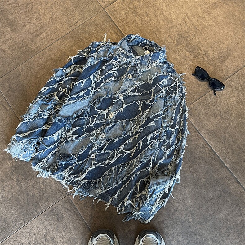 春秋季新款美式小众破坏感流苏牛仔衬衫外套休闲潮流宽松夹克,男装夹克,星座410-6（原星座1304-1）