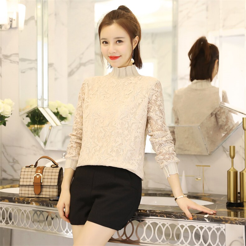 显瘦修身镂空蕾丝套头长袖2021年春季件半高领纯色蕾丝衫/雪纺衫，女装蕾丝衫/雪纺衫，安之芮娜