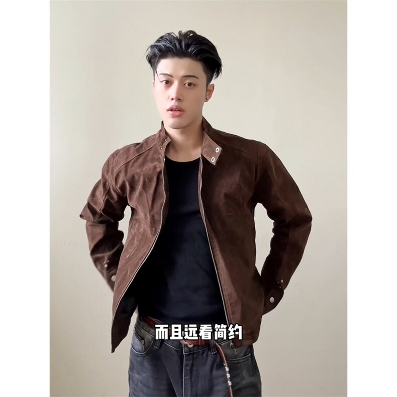 网图原版翻毛绒秋季新款摩登时代复古绒皮工艺立领夹克外套P80,男装夹克,电商C306-1