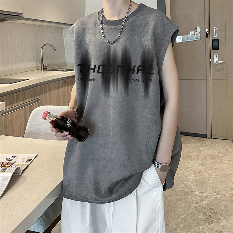 T2373特P23控38麂皮绒夏季男士背心坎肩t恤宽松无袖潮牌,男装T恤,电商B205