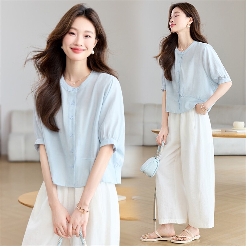 2025夏季新款时尚休闲短袖衬衫女宽松显瘦百搭洋气减龄上衣小衫潮，女装套装/套裙，木子恋