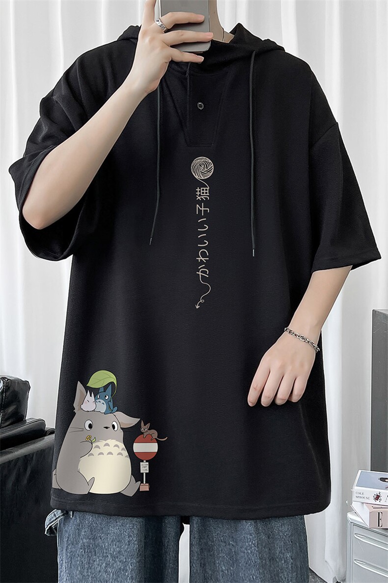 LD54152-P45连帽短袖t恤男大码胖子带帽五分袖中袖,男装T恤,电商A040
