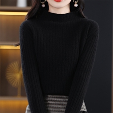 秋季新款舒适时尚百搭坑条半高领针织衫修身显瘦长袖毛衣女，女装针织衫/毛衣，思牵羊绒