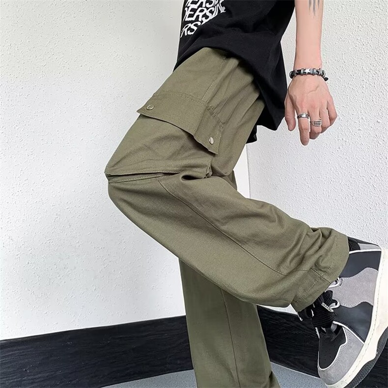 ins潮宽松美式前口袋直筒工装裤夏复古辣妹显瘦抽绳束脚阔腿裤图片