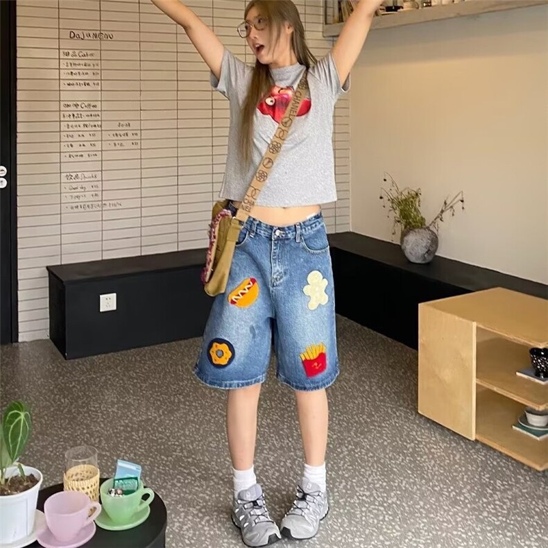 水洗小众牛仔短裤男女款夏季vibe美式复古宽松休闲刺绣直筒五,男装牛仔裤,星座218-1（原230）