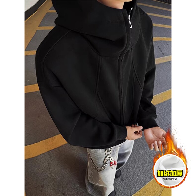 480G重磅加绒硬挺boxy男女秋冬美式高街结构高领卫衣开衫厚外套，女装短外套，电商A486