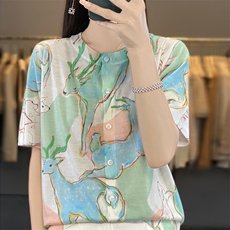 2025年夏季不连帽女士圆领印花短袖时尚百搭通勤休闲，女装T恤，森墨