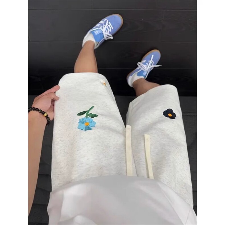 夏季潮牌小花五分裤子男款设计感小众大码宽松运动休闲短裤,男装牛仔裤,四季星座505