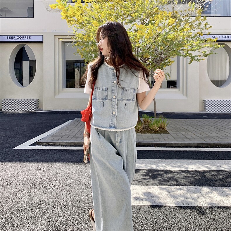蕾丝花边拼接牛仔马甲套装女2025夏季港风复古小个子阔腿裤两件套图片