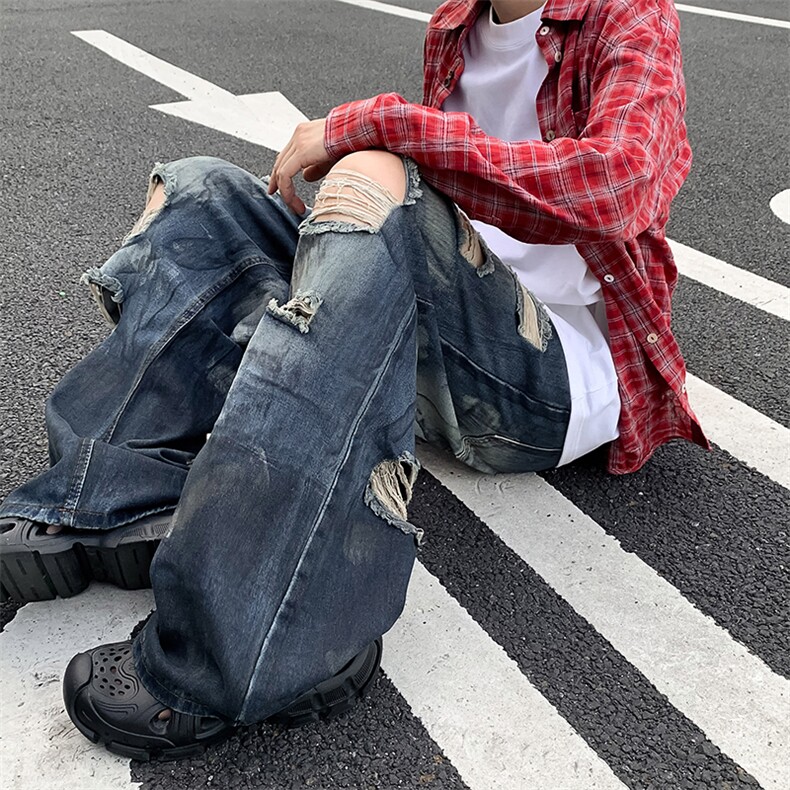 复古做旧磨破设计感阔腿牛仔裤休闲时尚气质百搭拖地裤NZ169-P50图片