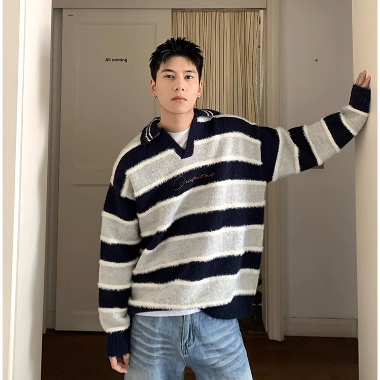 JY299-P59高街条纹撞色v领针织衫翻领毛衣男潮流宽松网图,男装针织衫/毛衣,星座1501-3