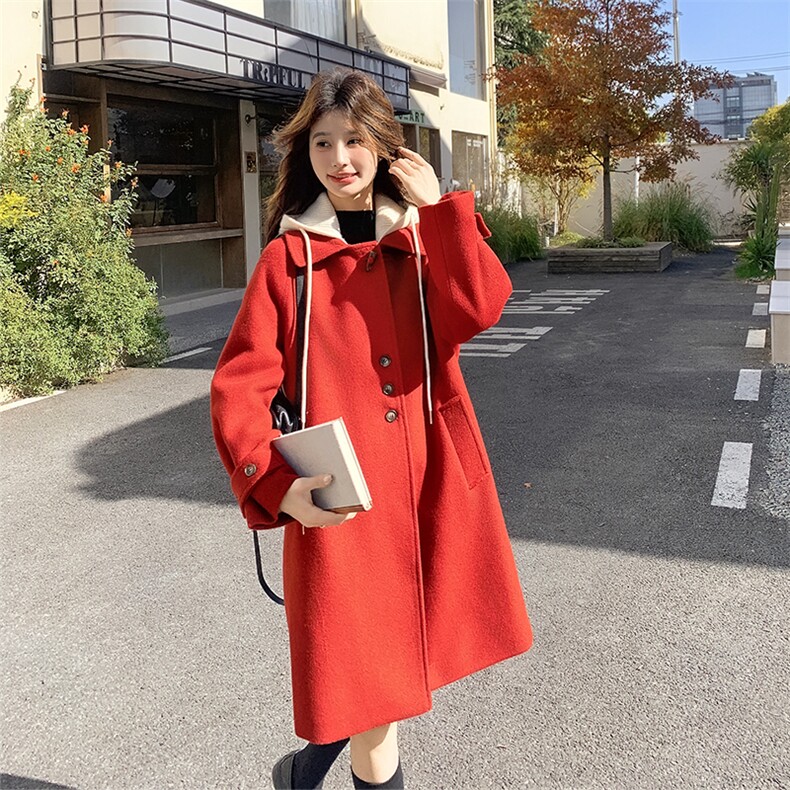 红色针织连帽毛呢羽绒服女冬超火好看高级感保暖加厚中长大衣外套,女装羽绒服,2C010