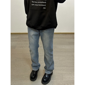 cleanfit裤子高街潮牌水洗微喇叭牛仔裤修身直筒痞帅长裤图片