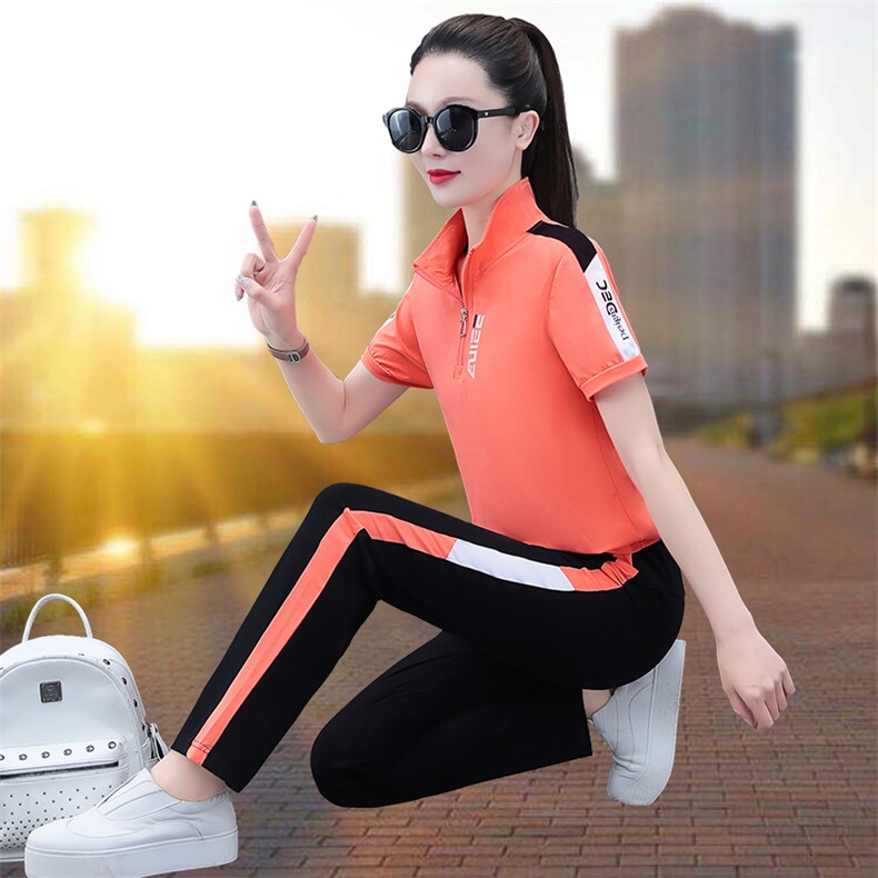 燕颉运动套装女夏季薄款2023年妈妈纯棉休闲跑步服宽松短袖两件套图片