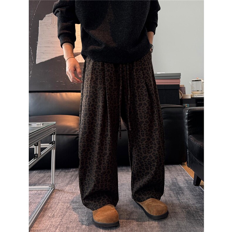 美式复古豹纹裤子男款秋冬慵懒高级感宽松阔腿裤直筒百搭休闲长裤，男装休闲裤，星座1004（原星座815-3）