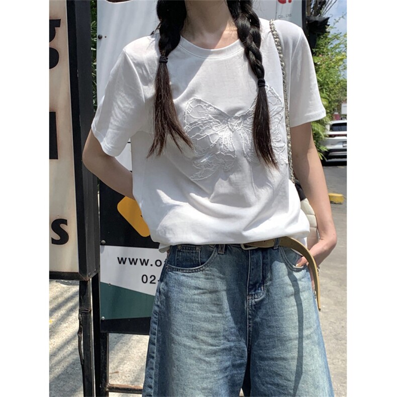 D620-P32 短袖T恤2024夏季新款蝴蝶设计感纯棉上衣图片