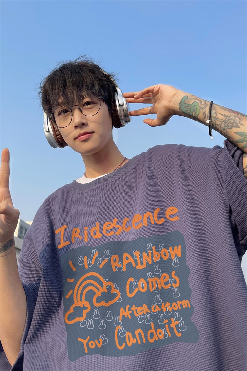 ！2025夏季新款男士复古印花华夫格短袖T恤半袖TXH2403特P19,男装T恤,电商B220