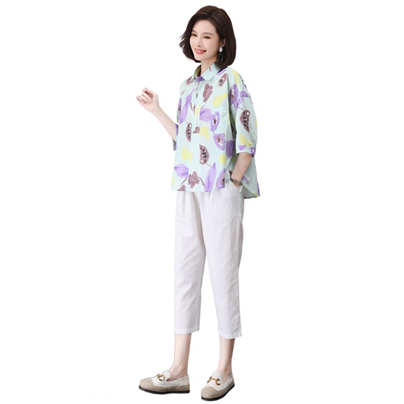 大量现货印花休闲中袖衬衣套装2023夏季新款薄款棉麻女士气质,女装大码女装,奕阳依阁